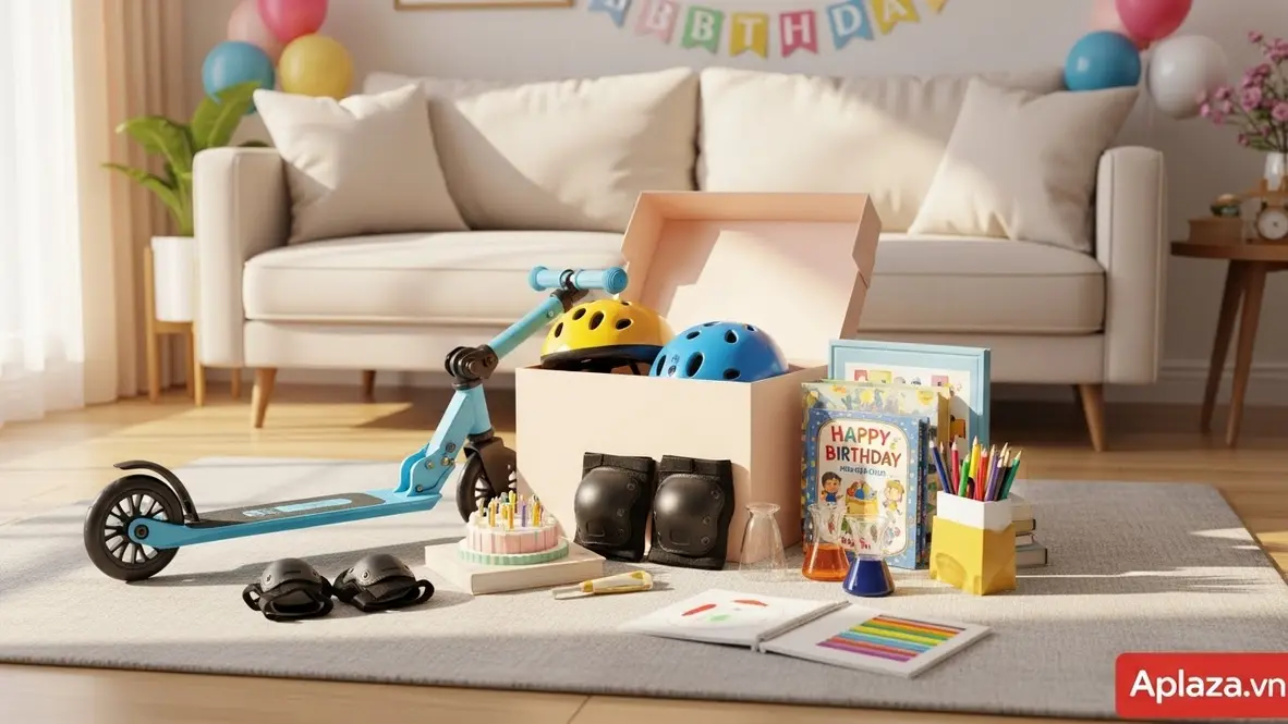 Quà sinh nhật gồm scooter nhỏ, xe trượt và bộ bảo hộ cho bé 6 tuổi, bày cạnh sách thiếu nhi và bộ đồ chơi giáo dục trong phòng khách sáng sủa