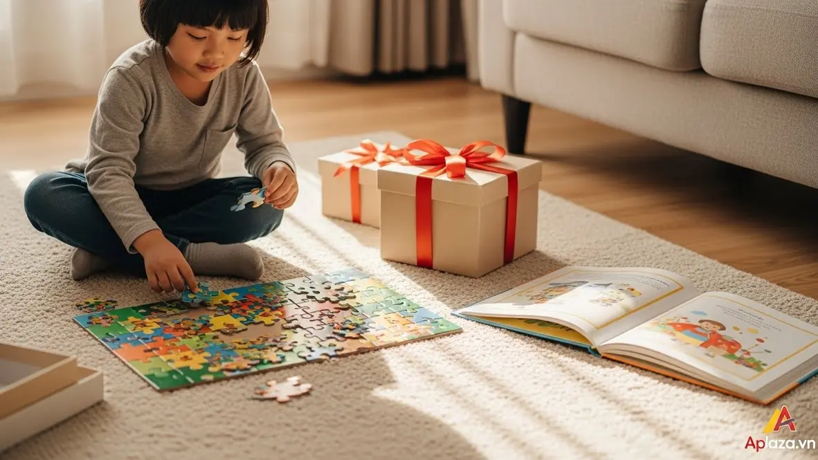 Set quà cho bé 4 tuổi với bộ xếp hình màu sắc, sách tương tác và hộp quà trang trí trong không gian phòng sáng