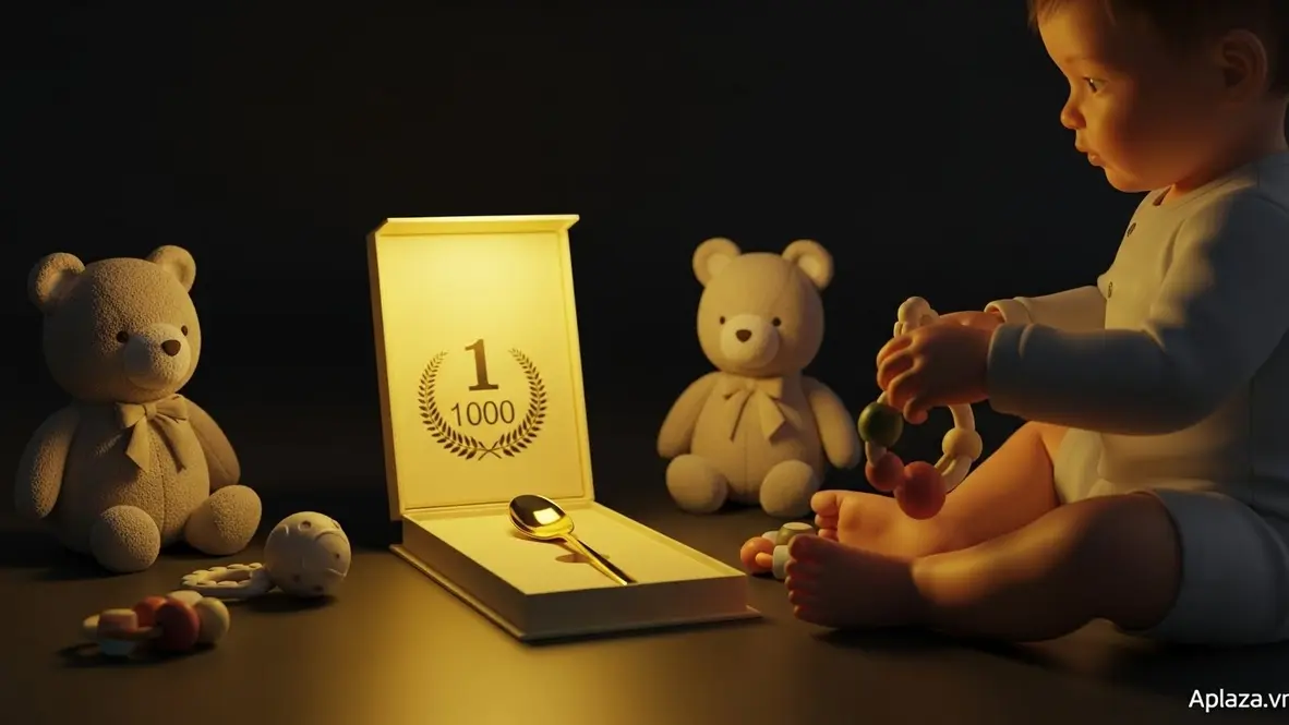Thìa vàng 9999 đặt cạnh hộp kỷ niệm và thú nhồi bông, gợi cảm giác quà cho bé 1 tuổi với ánh sáng ấm áp, nền tối giản