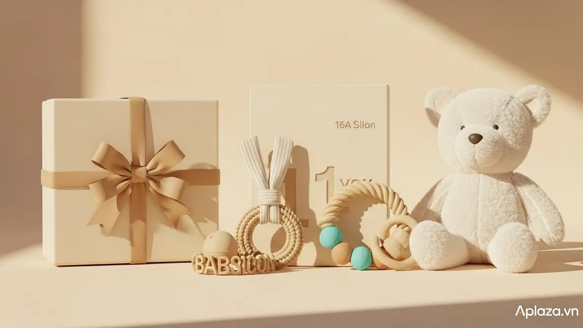 Cảnh quà cho bé 1 tuổi: đồ chơi xúc giác bằng vải và silicone an toàn bên cạnh hộp quà và thú nhồi bông, ánh sáng ấm trên nền sáng tối giản.