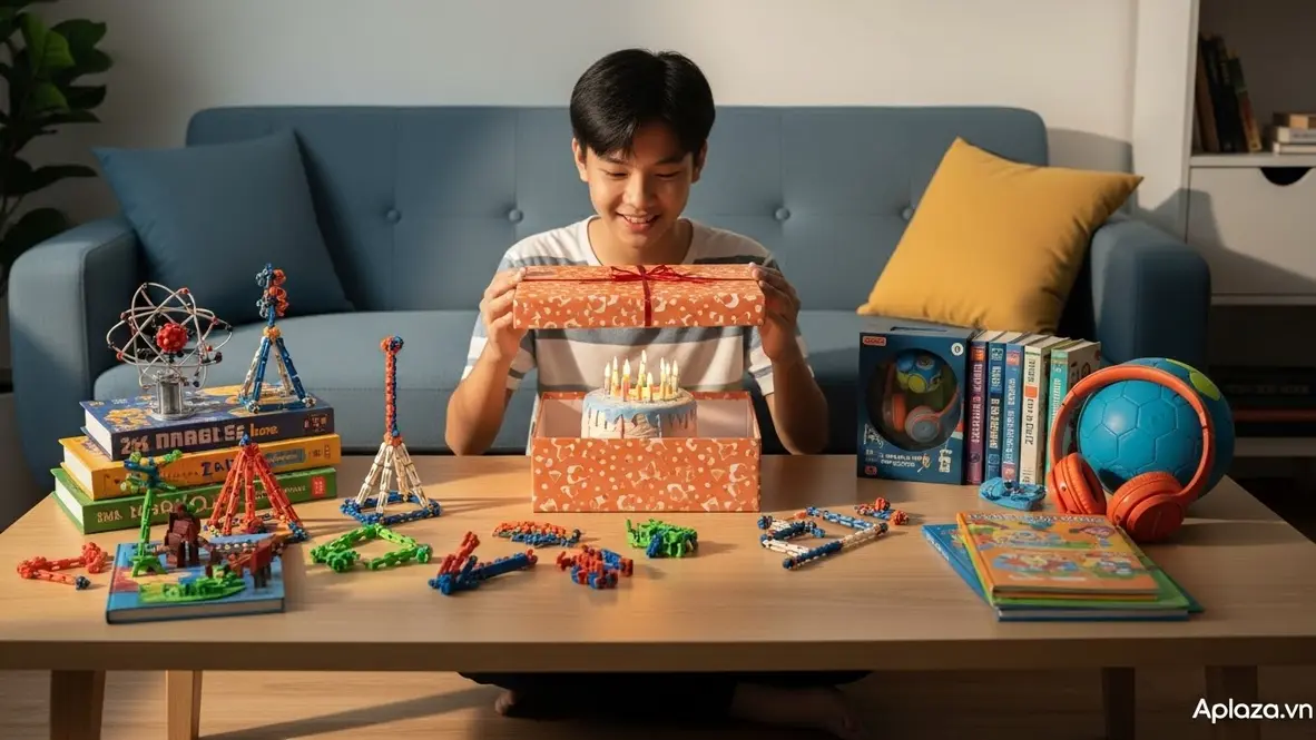 Cảnh bé trai 12 tuổi mở hộp quà sinh nhật, xung quanh là bộ lắp ráp khoa học, sách thiếu niên và dụng cụ thể thao dưới ánh sáng ấm, gợi ý cách chọn mua quà phù hợp độ tuổi và an toàn.