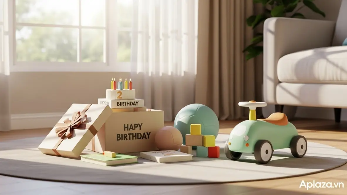 Đồ chơi giáo dục an toàn cho bé 2 tuổi bên hộp quà sinh nhật, màu sắc tươi sáng và cạnh bo tròn