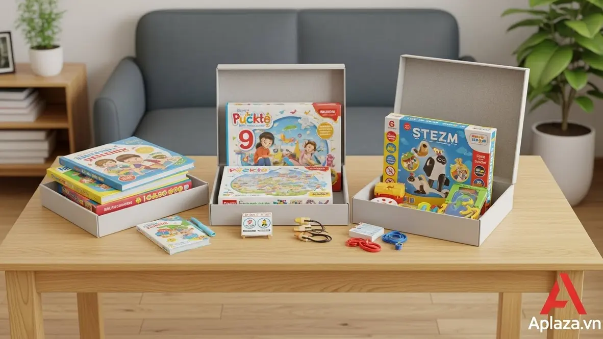 Bàn phòng khách bày quà cho bé 9 tuổi: sách thiếu nhi, bộ xếp hình và đồ chơi STEM đã mở hộp, kèm nhãn an toàn và thẻ bảo hành, ánh sáng ấm áp