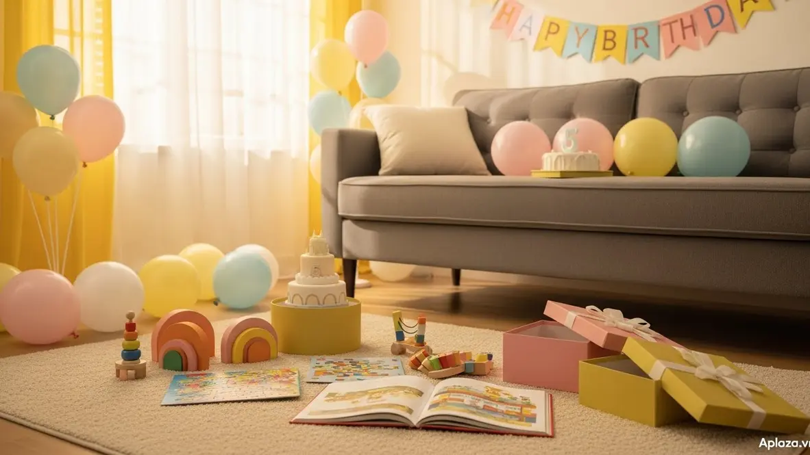 Bé 5 tuổi mở quà sinh nhật với đồ chơi gỗ bo tròn, sách tranh và các hộp quà màu pastel, gợi ý quà cho bé 5 tuổi an toàn và hợp sở thích trong không gian ấm áp