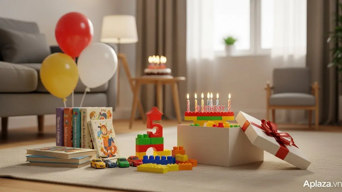 Cảnh mở hộp quà sinh nhật cho bé 5 tuổi với đồ chơi an toàn, sách và bộ xếp hình nhiều màu