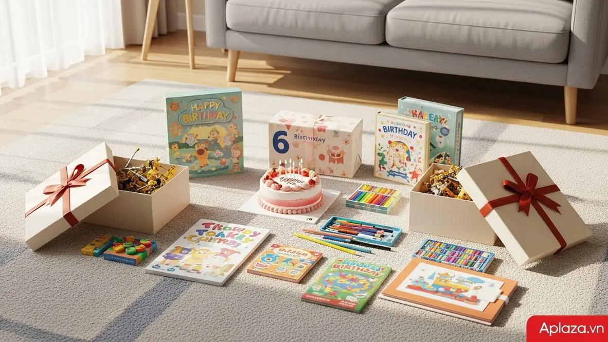 Khung cảnh quà sinh nhật cho bé 6 tuổi với đồ chơi giáo dục, sách tranh và bộ sáng tạo bày trên thảm sáng màu, gợi ý mua quà an toàn và hỗ trợ phát triển kỹ năng