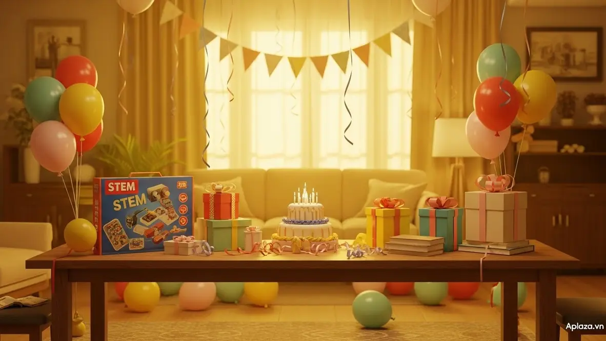 Khung cảnh sinh nhật với hộp quà màu sắc, vài món đồ chơi và sách trên bàn, gợi ý mua quà sinh nhật cho bé 12 tuổi, ánh sáng ấm, logo Aplaza.vn ở góc phải.