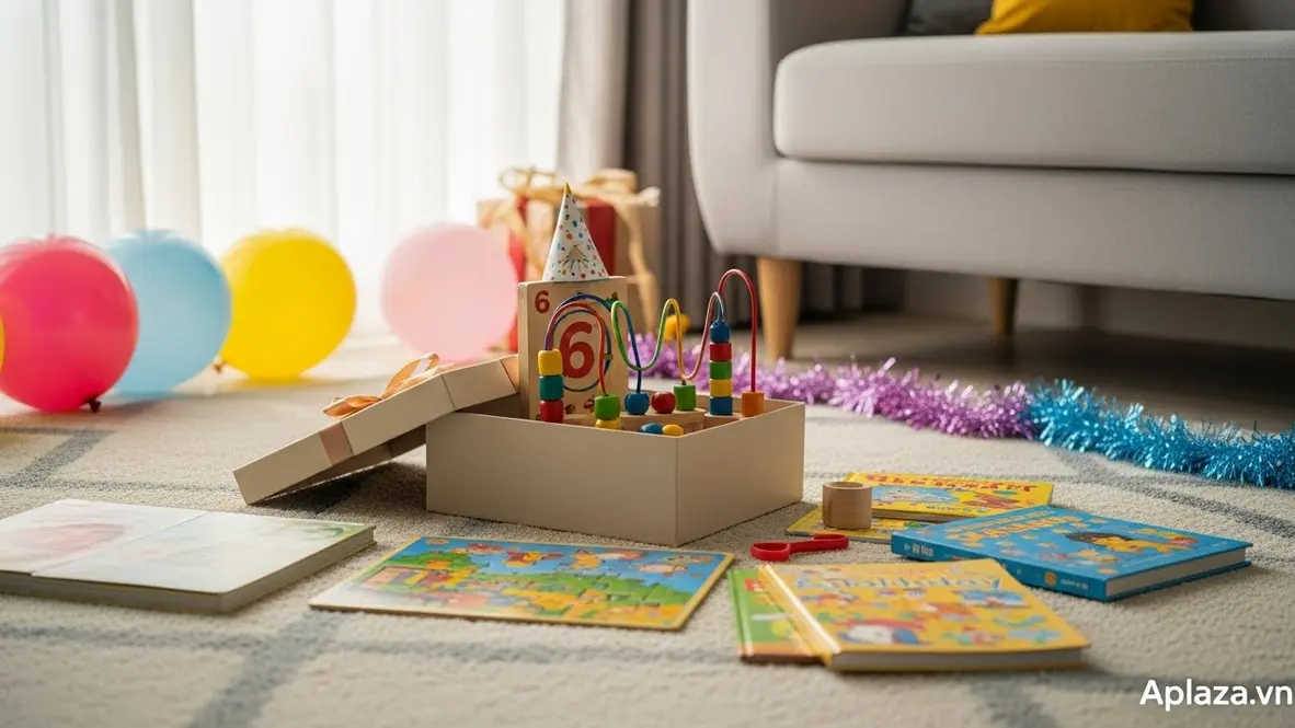 Cảnh mở hộp quà sinh nhật cho bé 6 tuổi với đồ chơi giáo dục và sách, nhấn mạnh tiêu chí an toàn, độ tuổi phù hợp và lợi ích phát triển