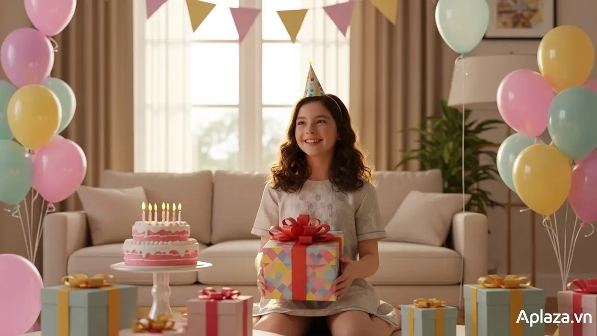 Cảnh một bé gái 7 tuổi ôm hộp quà sắc màu trong bữa tiệc sinh nhật, gợi cảm hứng chọn quà sinh nhật cho bé gái 7 tuổi an toàn, giáo dục và hợp sở thích.