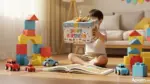 Bé trai 3 tuổi nâng hộp quà sinh nhật giữa nền sáng ấm, cạnh các món đồ chơi an toàn như khối xếp hình lớn, xe đồ chơi và sách tranh; góc phải dưới có logo Aplaza.vn nhỏ