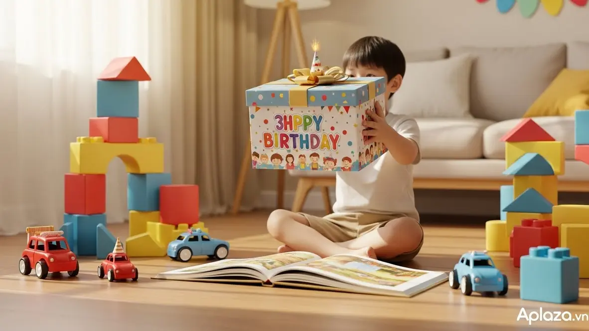 Bé trai 3 tuổi nâng hộp quà sinh nhật giữa nền sáng ấm, cạnh các món đồ chơi an toàn như khối xếp hình lớn, xe đồ chơi và sách tranh; góc phải dưới có logo Aplaza.vn nhỏ