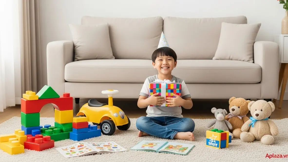 Bé trai 4 tuổi cầm hộp quà sinh nhật, xung quanh là đồ chơi an toàn nhiều màu, gợi ý cách chọn quà sinh nhật cho bé trai 4 tuổi phù hợp.