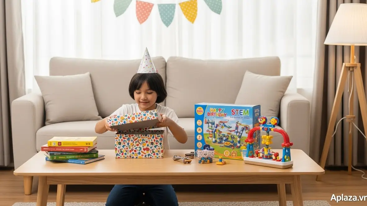 Bé 11 tuổi đang mở hộp quà sinh nhật đầy màu sắc, xung quanh là sách và đồ chơi; hình ảnh nhấn mạnh tiêu chí mua quà an toàn, phù hợp và giàu giá trị giáo dục.