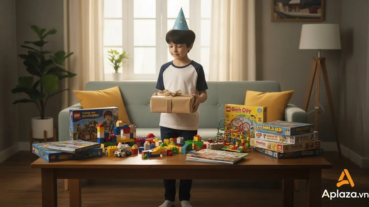 Bé trai 9 tuổi ôm hộp quà sinh nhật trong phòng khách ấm áp, xung quanh là bộ LEGO, board game và đồ chơi trí tuệ; gợi ý mua quà sinh nhật cho bé trai 9 tuổi an toàn và phù hợp.