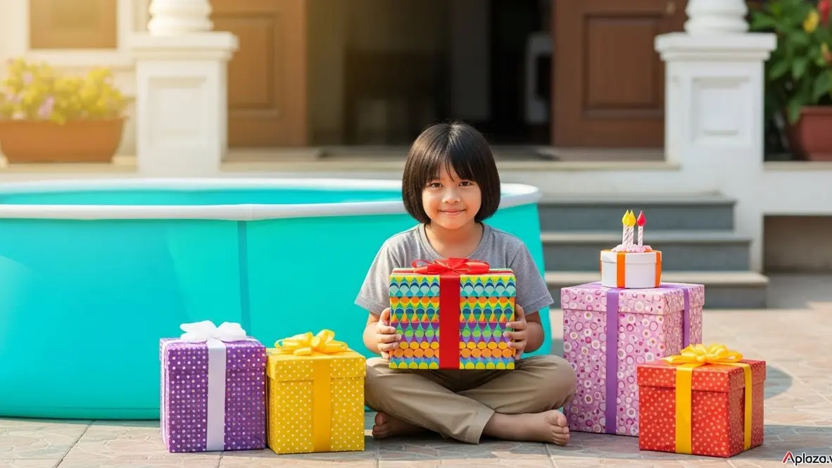 Bé 10 tuổi cầm hộp quà nhiều màu bên cạnh bể bơi phao và hộp quà sinh nhật, gợi ý quà cho bé 10 tuổi