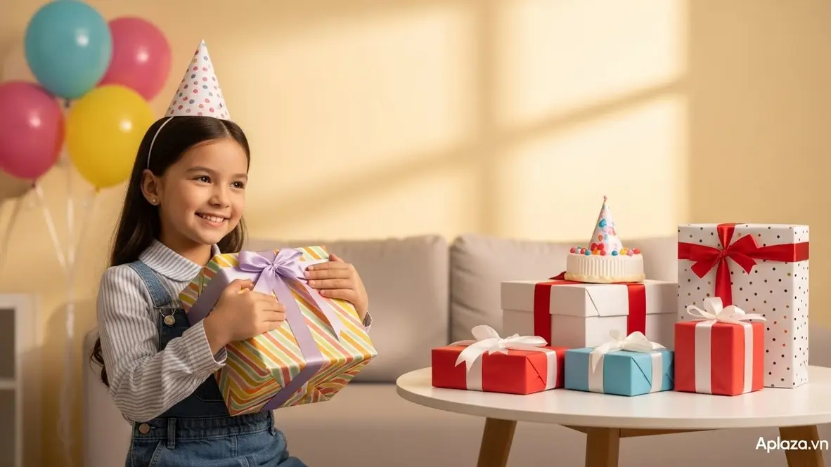 Bé gái 8 tuổi cầm hộp quà sinh nhật bọc nơ trong không gian sáng ấm áp, gợi ý các lựa chọn mua quà sinh nhật cho bé gái 8 tuổi đa dạng và an toàn