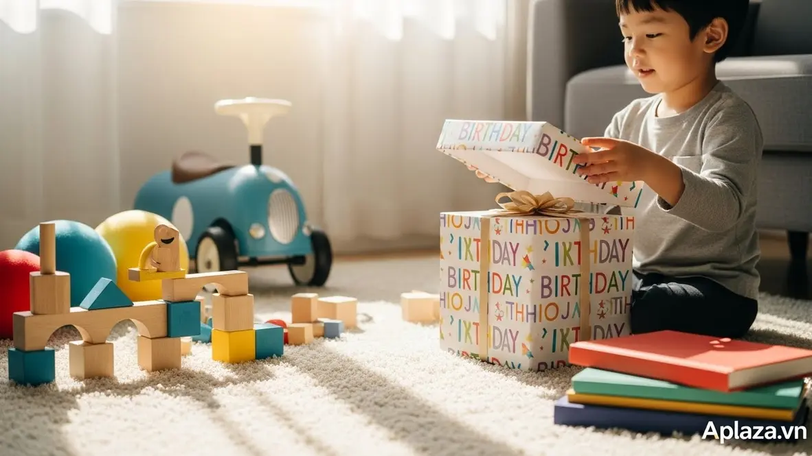 Cảnh bé 3 tuổi mỉm cười mở quà sinh nhật, xung quanh là khối xếp hình gỗ, xe chòi chân mini, bóng mềm và sách bìa cứng, ánh sáng tự nhiên tạo cảm giác an toàn và ấm áp