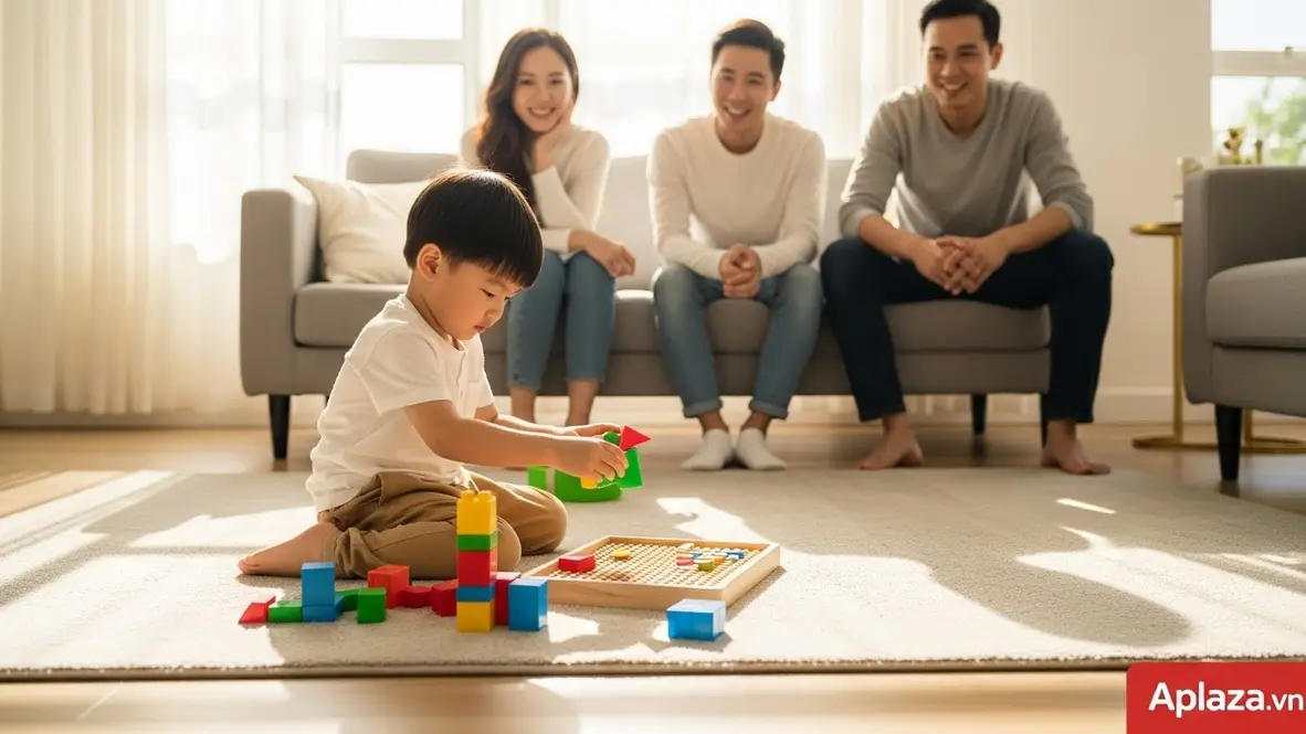 Bé trai 3 tuổi chơi bộ khối xếp giáo dục màu sắc tươi, bố mẹ ngồi cạnh quan sát; minh họa cách chọn quà cho bé 3 tuổi an toàn về vật liệu, kích thước và tiêu chuẩn.