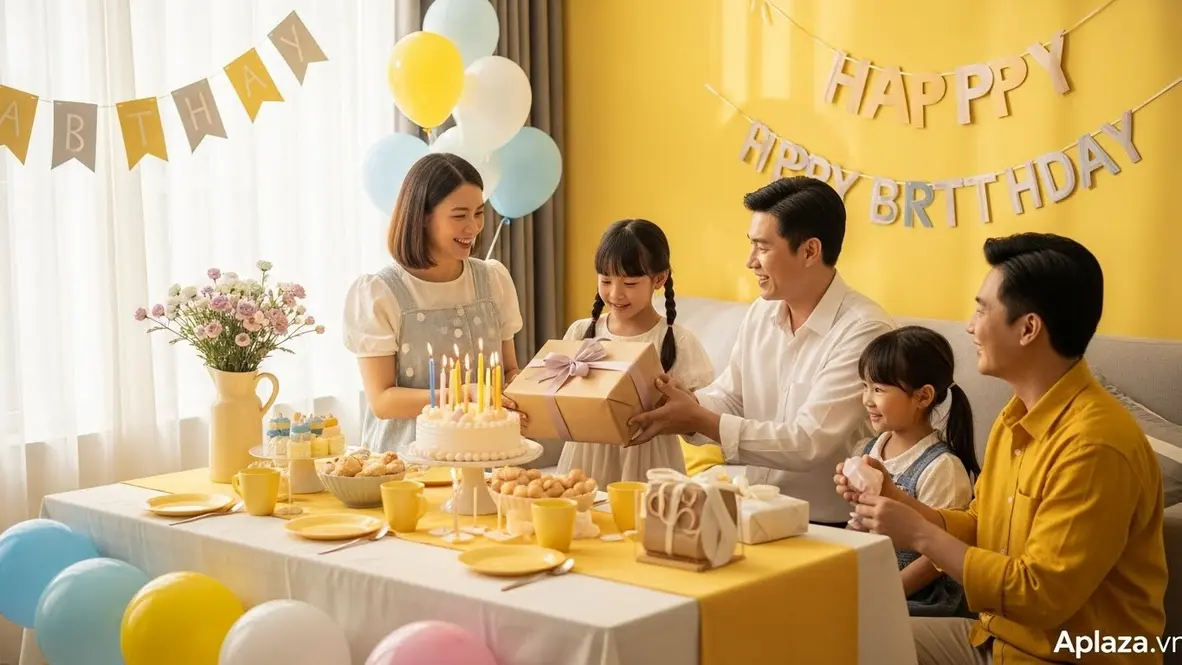 Cảnh sinh nhật ấm áp với bé gái 5 tuổi mỉm cười nhận quà được gói giấy kraft và ruy băng mềm, bàn bày bánh và bóng bay pastel, cả nhà chuẩn bị cùng chơi và chụp ảnh kỷ niệm