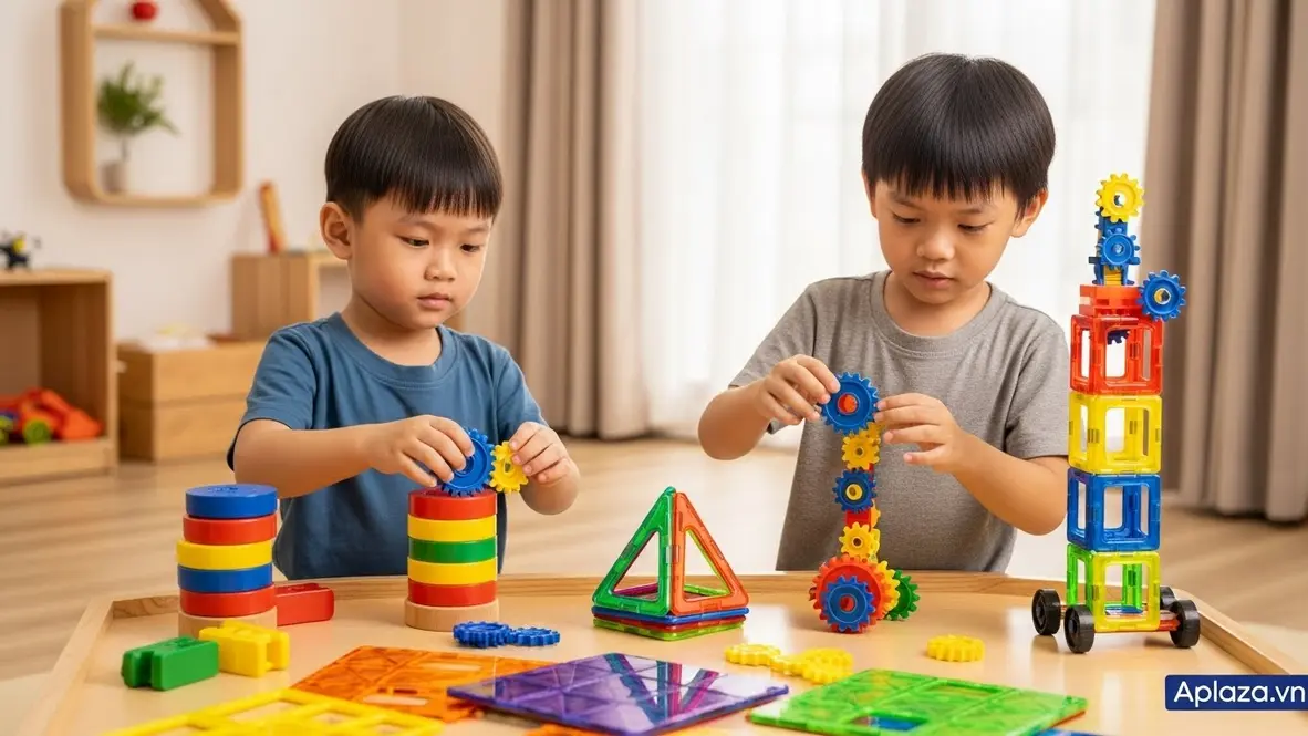 Góc phòng chơi sáng, đôi bàn tay nhỏ lắp ghép khối xây dựng nam châm, gạch xếp và bánh răng cơ khí; không khí hân hoan như khoảnh khắc mở quà cho bé trai 7 tuổi; tông màu tươi ấm; nhấn mạnh đồ chơi xây dựng và lắp ráp phù hợp lứa tuổi