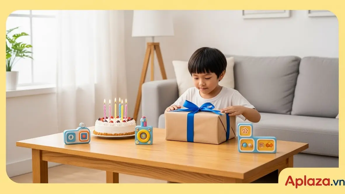 Bé trai 8 tuổi nhận quà sinh nhật, bánh và đồ chơi an toàn trên nền sáng
