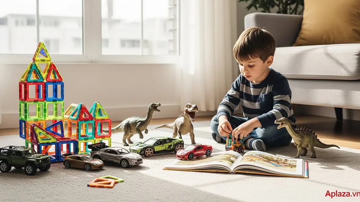 Góc phòng sáng sủa với bộ lắp ráp, khối nam châm và sách tranh mở, gợi ý quà cho bé trai 4 tuổi phát triển kỹ năng và sáng tạo