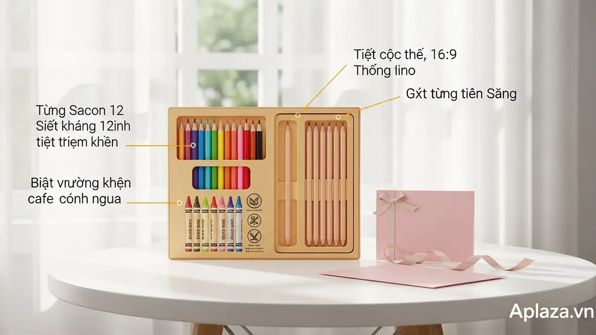 Bộ quà bút màu cho bé gái 12 tuổi với hộp bút chì 12/24 màu và bút sáp đặt trên nền sáng, nhấn mạnh chất liệu an toàn, số màu phù hợp và mức giá hợp lý