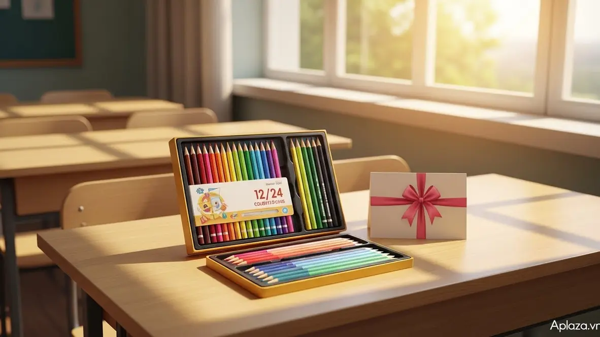 Bộ quà gồm hộp bút màu, bút sáp và bút chì 12/24 màu bày trên nền sáng, kèm hộp tổng hợp tiện lợi, phù hợp quà cho bé gái 12 tuổi