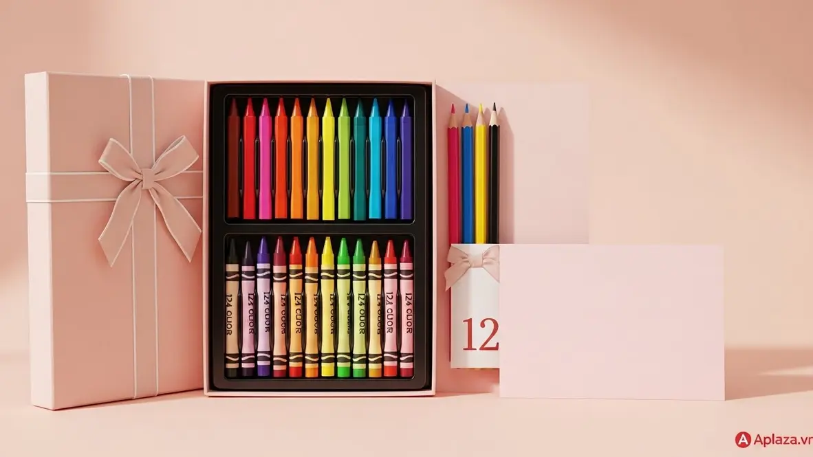 Bộ quà cho bé gái 12 tuổi gồm hộp bút màu, bút sáp, bút chì 12/24 màu được gói sáng tạo; nhấn mạnh cách gói quà, bảo quản và sử dụng an toàn.