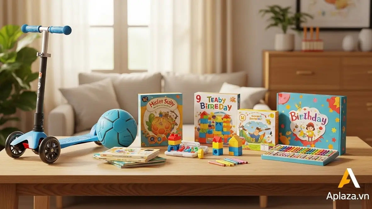 Bộ quà cho bé trai 9 tuổi với xe scooter, bóng, gạch xếp hình, kit STEM, sách thiếu nhi và hộp quà sinh nhật nhiều màu trên bàn gỗ sáng.