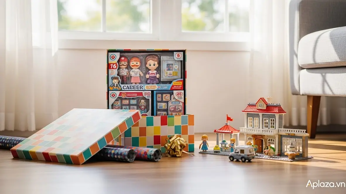 Khung cảnh quà cho bé gái 6 tuổi: hộp quà mở với bộ đồ chơi nghề nghiệp và lắp ráp trên nền sáng, tươi vui