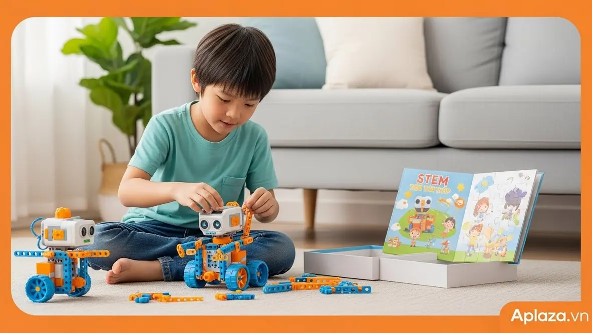 Quang cảnh phòng khách sáng sủa; bé trai 6 tuổi lắp ráp robot STEM trên thảm mềm với nhiều mảnh ghép rực rỡ, hộp đựng gọn gàng, ánh sáng ấm áp tạo cảm giác vui tươi và an toàn, gợi ý món quà cho bé trai 6 tuổi.