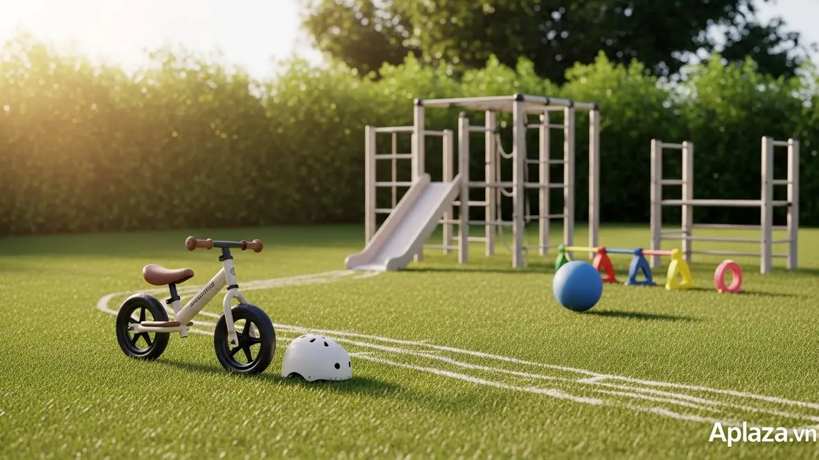 Không gian sân vườn sáng sủa với xe chòi chân, bóng mềm và bộ leo trèo mini dành cho bé 4 tuổi, nền cỏ xanh, ánh nắng nhẹ, mũ bảo hộ treo trên tay lái gợi ý đồ chơi vận động ngoài trời an toàn