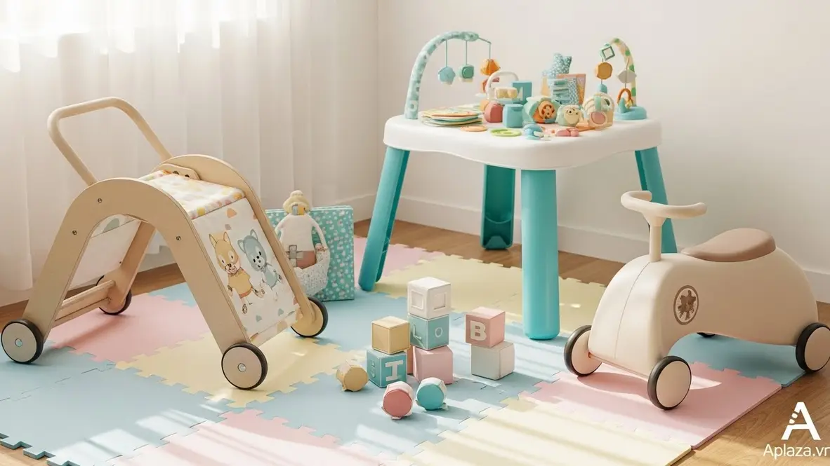 Góc chơi an toàn với đồ chơi vận động và xe đẩy an toàn cho bé dưới 1 tuổi trên thảm mềm, màu sắc tươi sáng