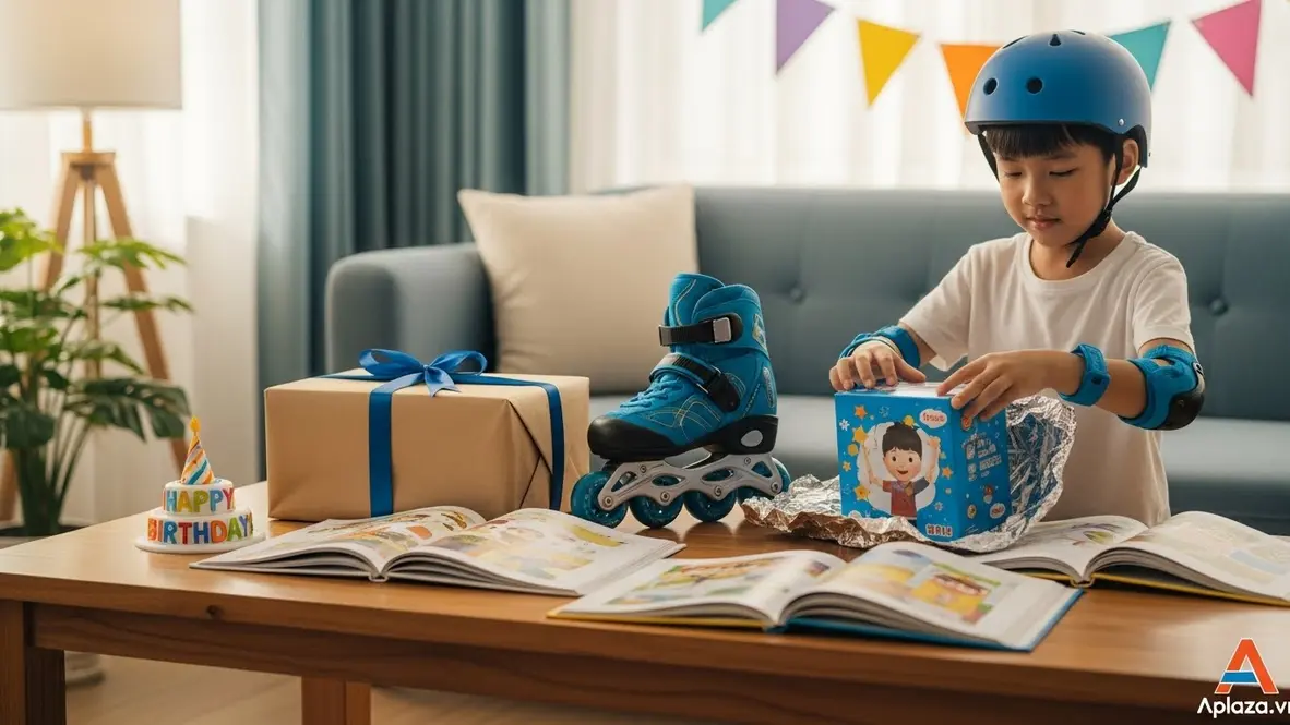 Quà cho bé trai 10 tuổi gói sáng tạo, phù hợp dịp sinh nhật và Quốc tế Thiếu nhi, kèm sách, patin và blindbox trong không gian sáng.