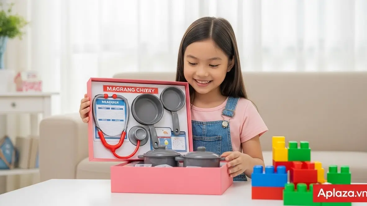 Khung cảnh quà cho bé gái 6 tuổi: bé cười mở hộp quà bên bộ đồ chơi nghề nghiệp và bộ lắp ráp trên nền sáng, màu sắc tươi vui.