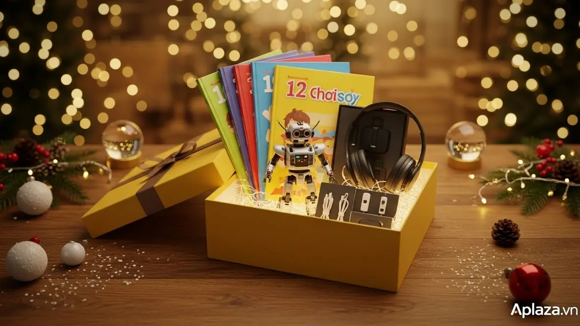 Hộp quà mở ra bày biện mô hình robot nhỏ, sách thiếu nhi và phụ kiện công nghệ trên nền trang trí Noel, gợi ý quà cho bé trai 12 tuổi