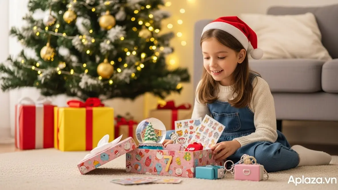 Bé gái 7 tuổi mở hộp quà Giáng Sinh bên cạnh quả cầu tuyết và đồ trang trí cây thông, không khí ấm áp rực rỡ ánh đèn