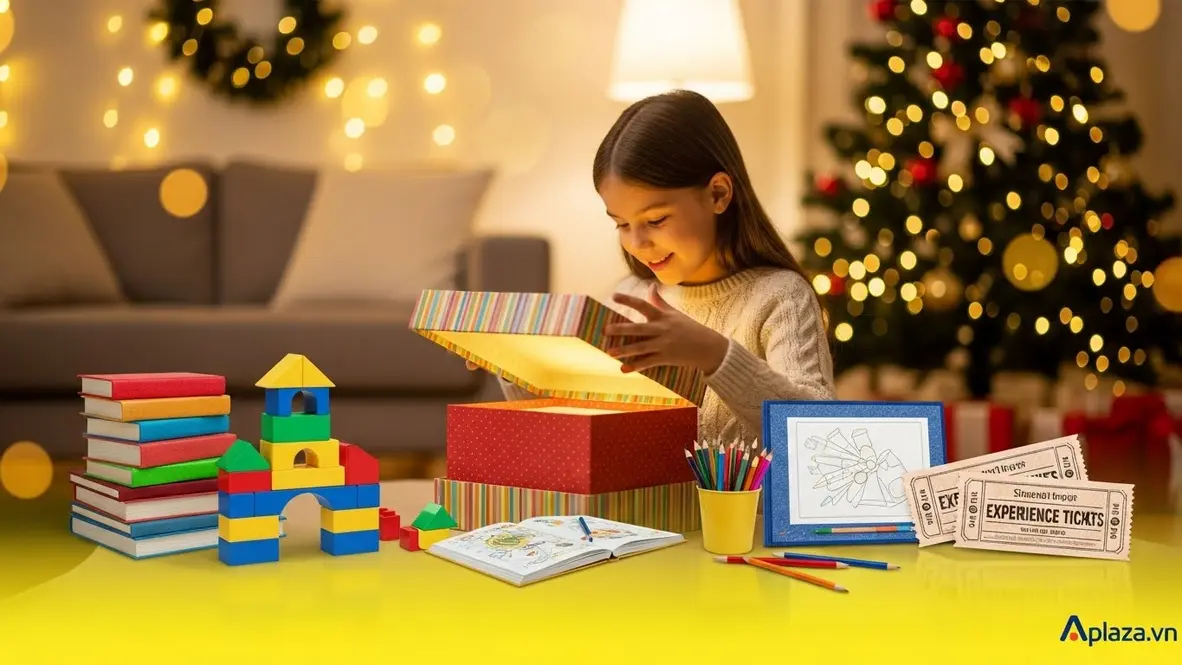 Bé gái 9 tuổi mở hộp quà nhiều màu, lộ ra đồ chơi xếp hình, sách, bộ vẽ và tấm vé trải nghiệm, gợi ý quà sinh nhật và Noel cho bé gái 9 tuổi trong không khí ấm áp, lung linh đèn trang trí