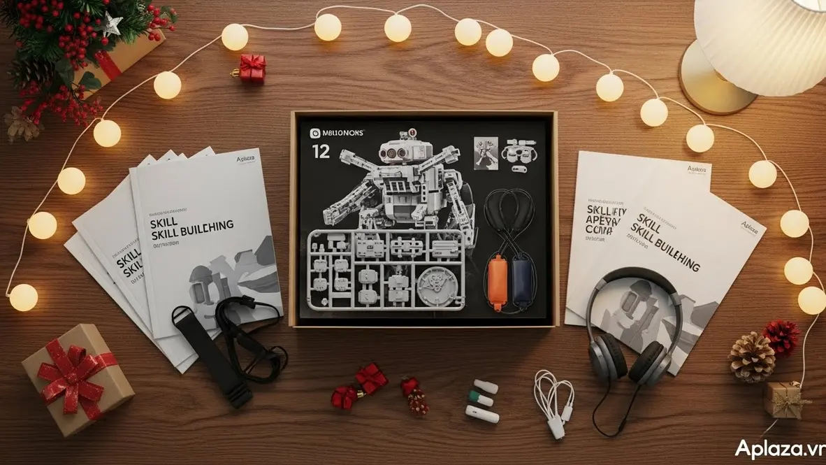 Hộp quà mở ra với mô hình robot, sách kỹ năng và phụ kiện nhỏ trên nền cây thông và đèn Noel, gợi ý quà cho bé trai 12 tuổi an toàn, bền và giàu tính giáo dục
