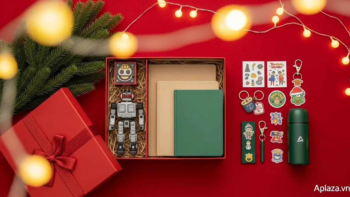 Hộp quà mở ra với mô hình đồ chơi, sách và phụ kiện nhỏ trên nền trang trí Noel, gợi ý quà cho bé trai 12 tuổi