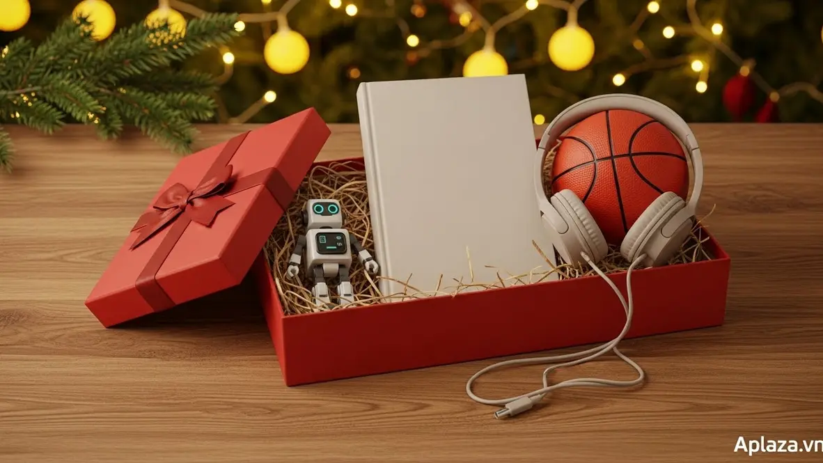 Hộp quà mở ra bày mô hình đồ chơi, sách và phụ kiện nhỏ an toàn, phù hợp làm quà cho bé trai 12 tuổi trên nền trang trí Noel, ánh sáng ấm áp