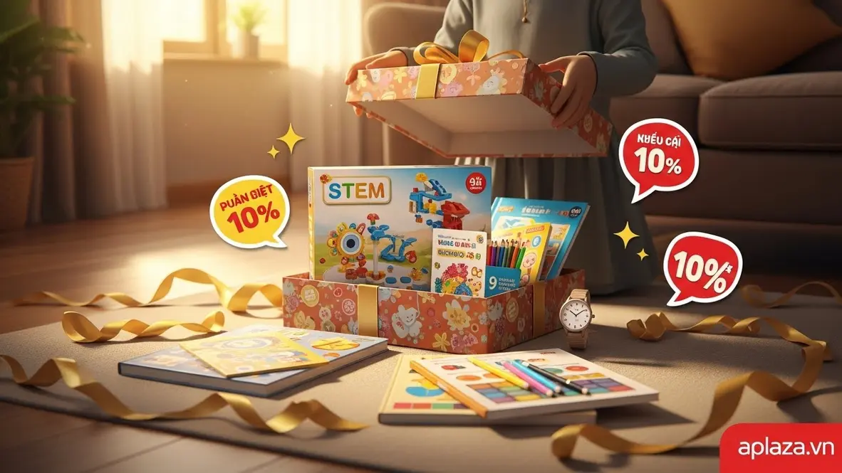 Hộp quà nhiều màu đang được mở, lộ ra bộ STEM, sách thiếu nhi, bộ vẽ và đồng hồ trẻ em; không gian phòng khách sáng ấm, nhấn mạnh yếu tố quà cho bé gái 9 tuổi an toàn, kèm biểu tượng khuyến mãi minh họa