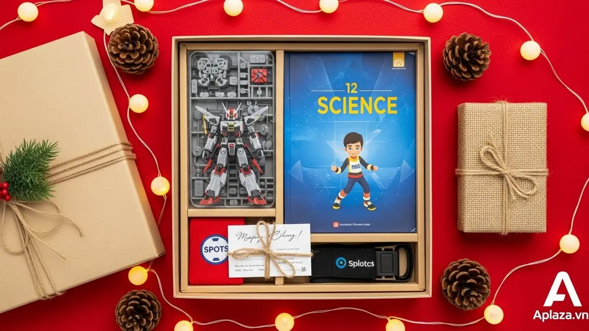 Hộp quà mở hé lộ mô hình robot lắp ráp, sách khoa học và phụ kiện nhỏ trên nền trang trí Noel ấm áp, gợi ý quà cho bé trai 12 tuổi theo từng mức ngân sách
