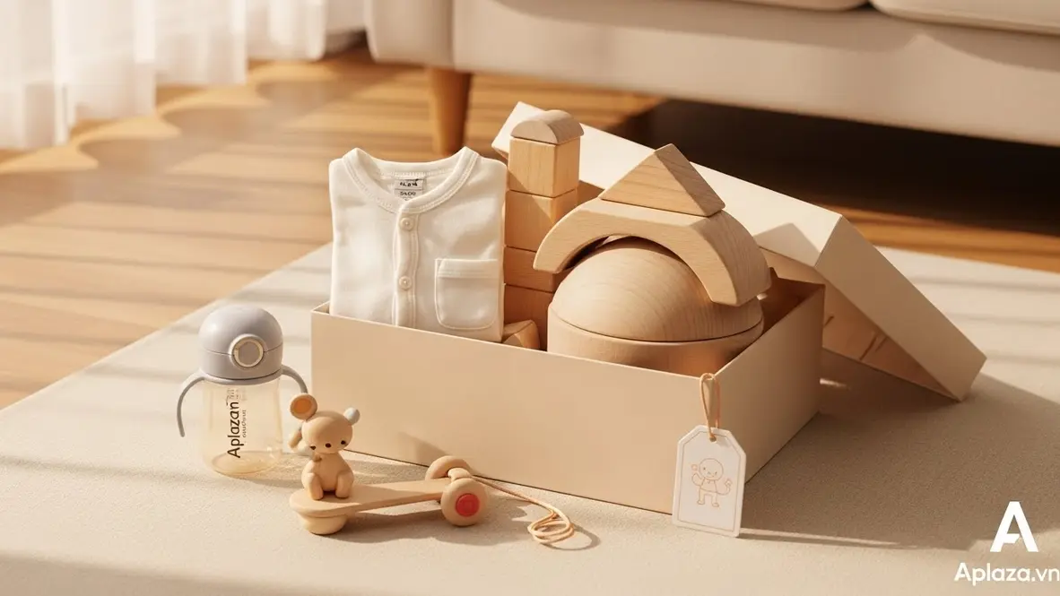 Bé trai 2 tuổi cười bên hộp quà mở, xung quanh là quần áo cotton, khối xếp lớn và bình uống an toàn có nhãn mác, gợi ý kiểm tra an toàn trước khi tặng và mua sắm thông minh.