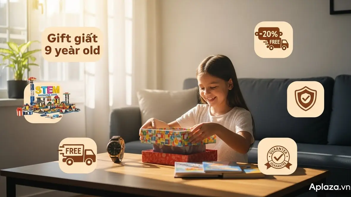 Bé gái 9 tuổi mở hộp quà nhiều màu, xung quanh có biểu tượng mã giảm giá, Ship 0 Đồng và khiên bảo đảm, gợi ý mua quà online tiết kiệm.