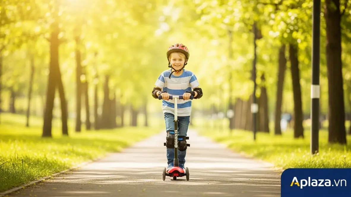 Bé trai 6 tuổi đội mũ bảo hiểm chơi xe scooter trong công viên, tông màu tươi sáng, thể hiện quà cho bé trai 6 tuổi an toàn và vui nhộn