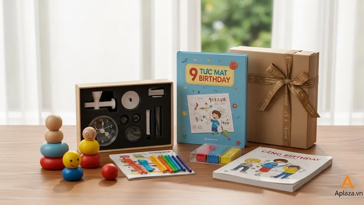 Bộ quà cho bé trai 9 tuổi bày trên bàn gỗ gồm đồ chơi an toàn, sách giáo dục và hộp quà sinh nhật, nhấn mạnh chất liệu không độc và kiểm tra trước khi mua