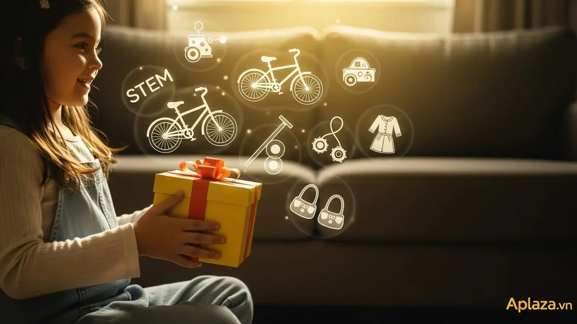 Bé gái 10 tuổi ôm hộp quà màu sắc, xung quanh là biểu tượng xe đạp, đồ chơi STEM và phụ kiện thời trang gợi ý quà cho bé gái 10 tuổi