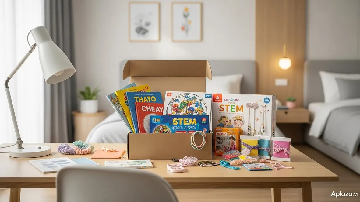 Quà cho bé gái 11 tuổi với sách thiếu nhi, bộ xếp hình STEM và set làm trang sức DIY bày trên bàn học sáng sủa.